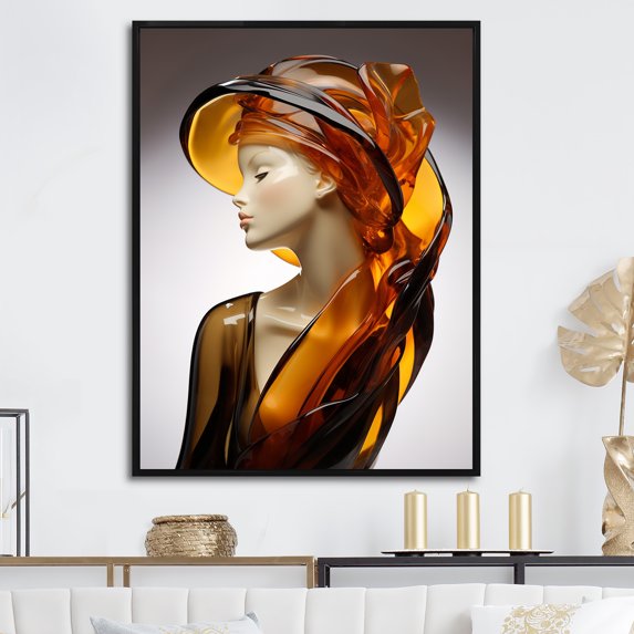 Designart "Sculpted In Amber Elegance I" Fashion Woman Floater Framed Canvas Prints