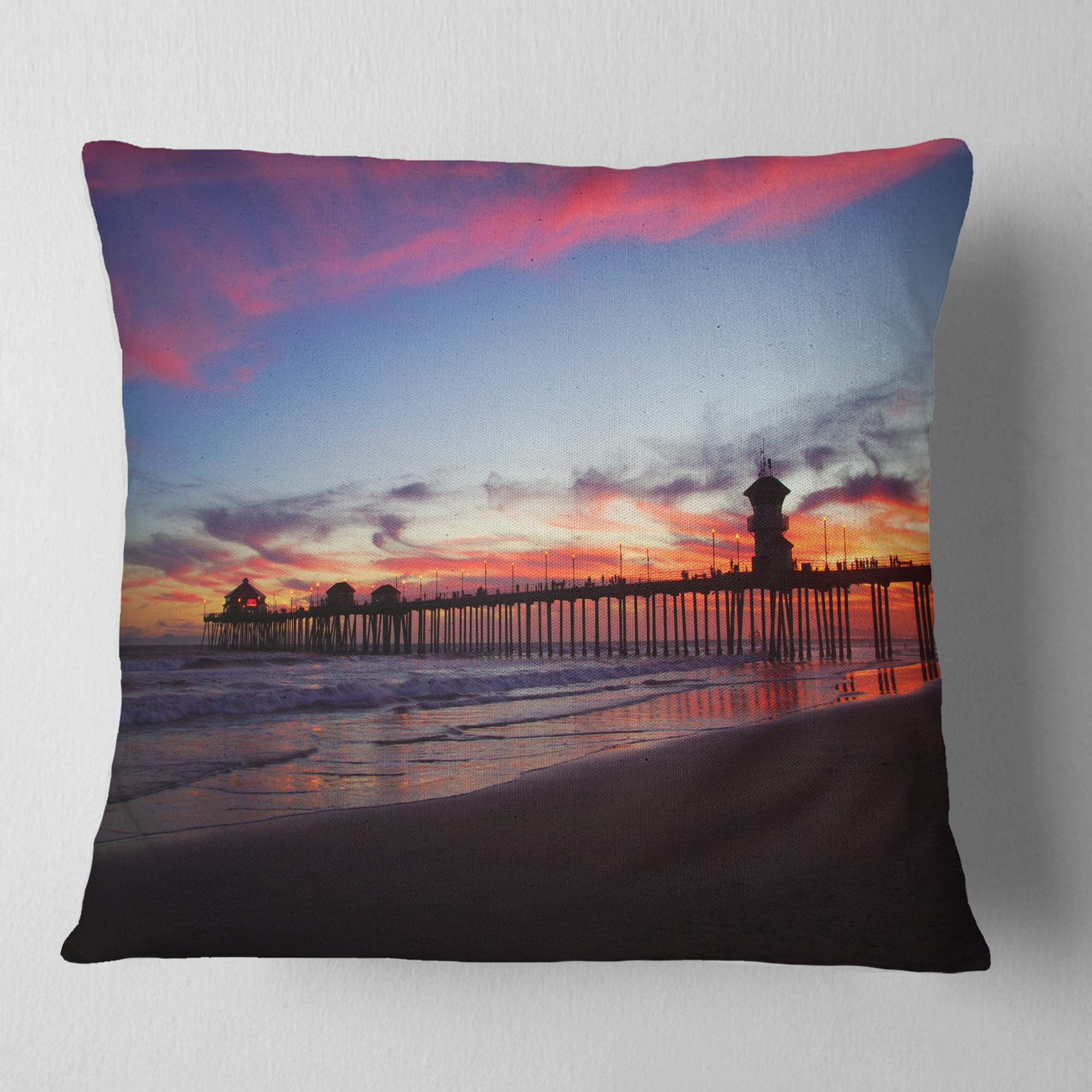 Designart Sea Bridge in California with Red Clouds - Seashore Throw Pillow - 16x16