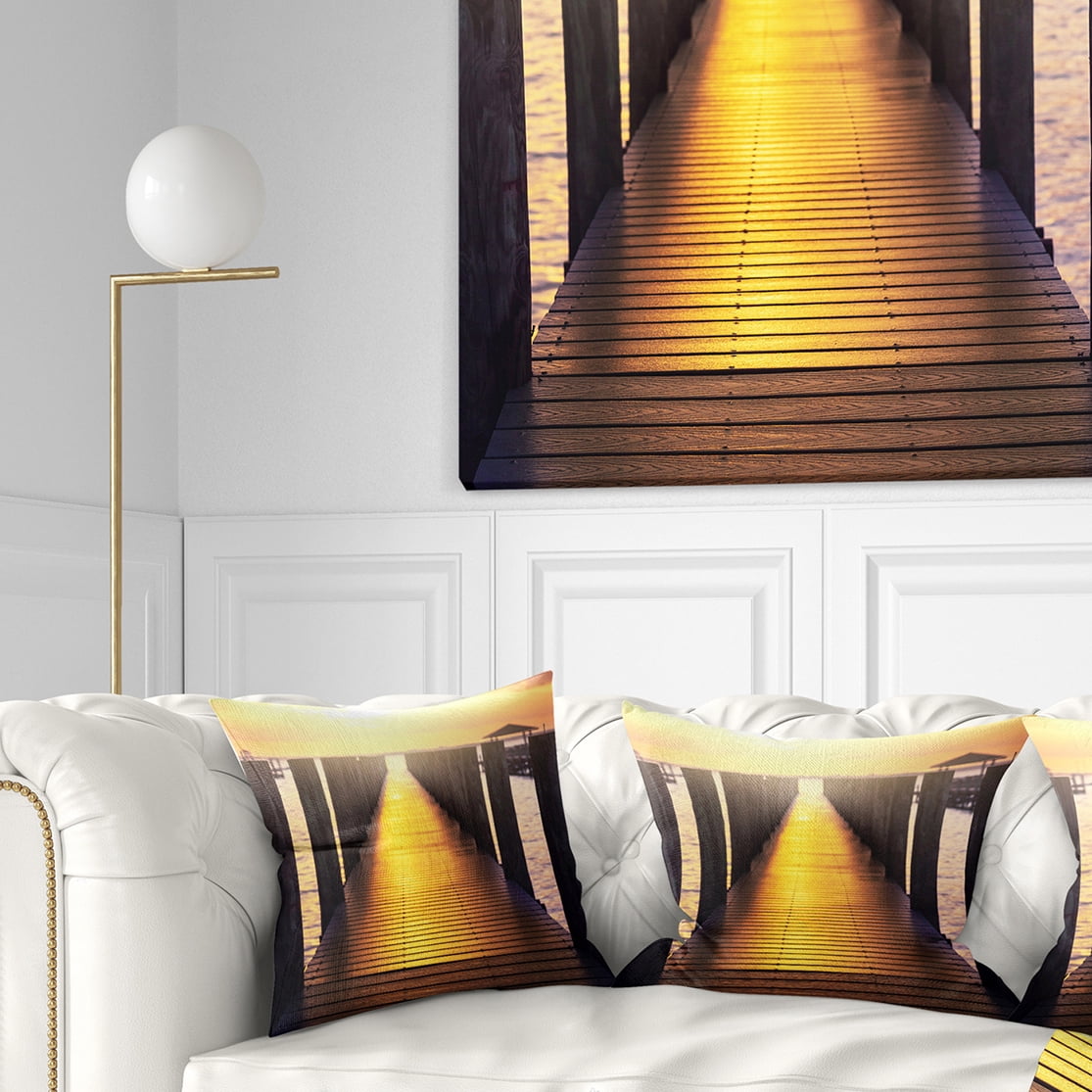 Designart Sea Bridge with Sunset Reflection - Seashore Throw Pillow - 16x16