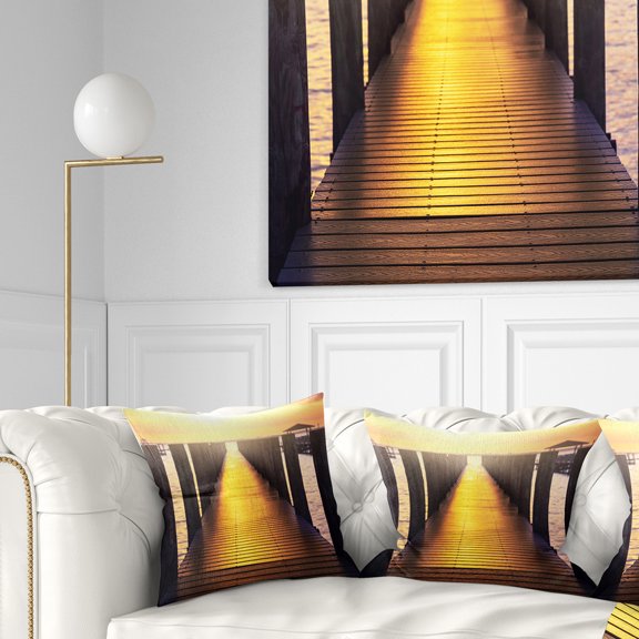 Designart Sea Bridge with Sunset Reflection - Seashore Throw Pillow - 16x16