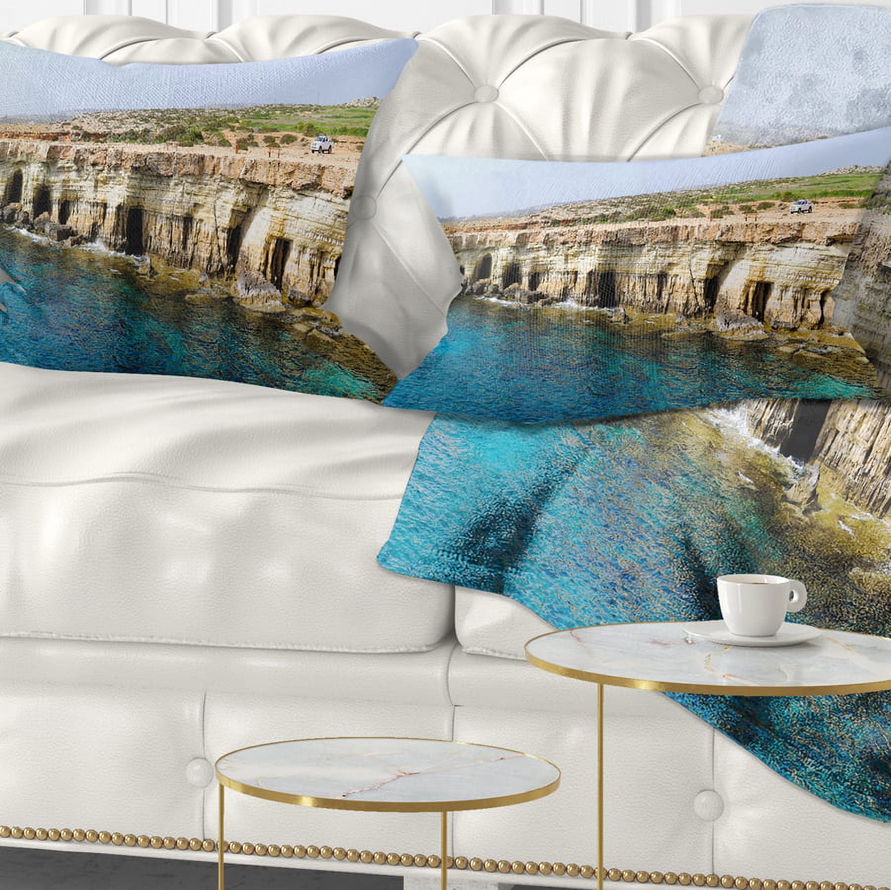 Designart Sea Caves near Cape Greko Panorama - Modern Seascape Throw Pillow - 12x20