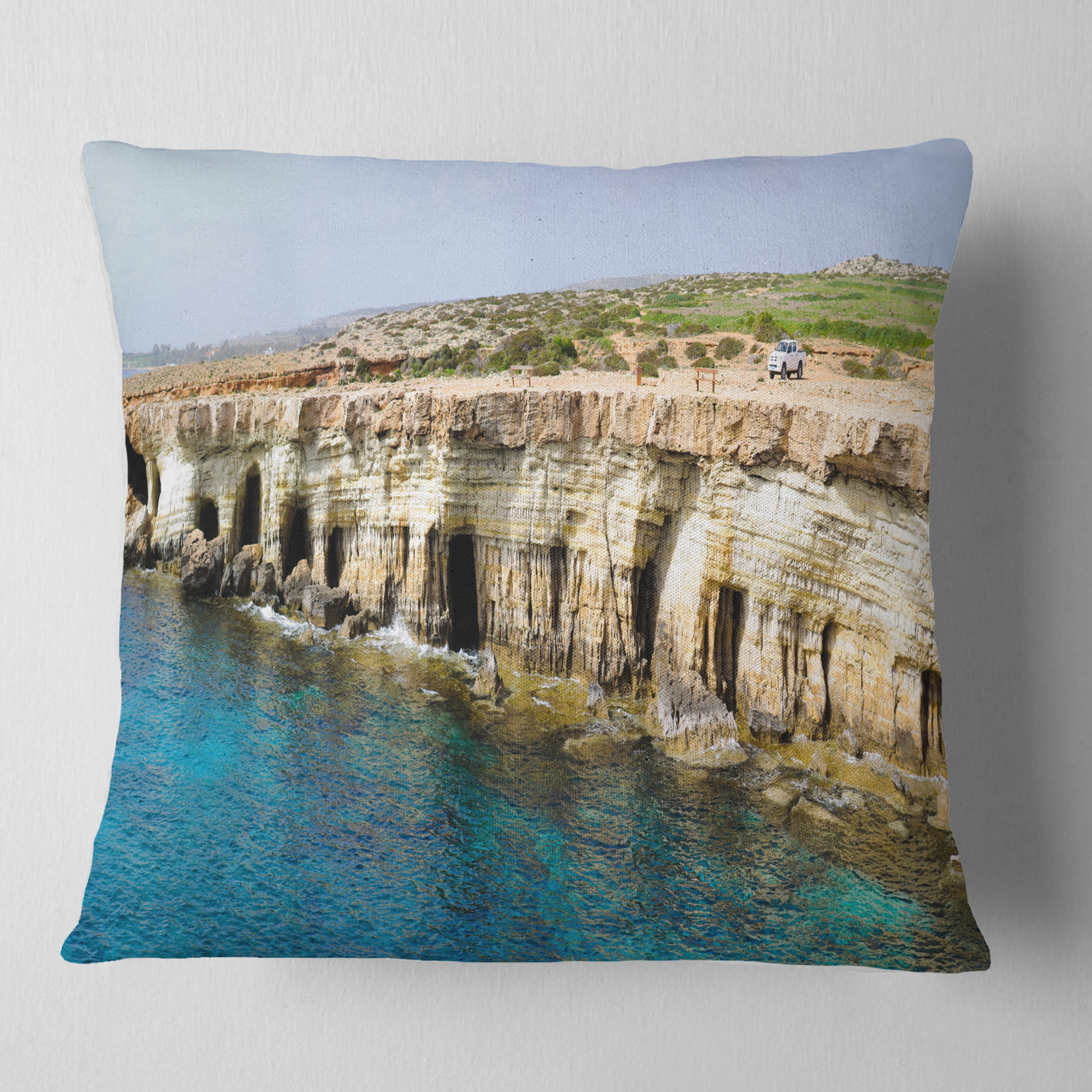Designart Sea Caves near Cape Greko Panorama - Modern Seascape Throw Pillow - 16x16