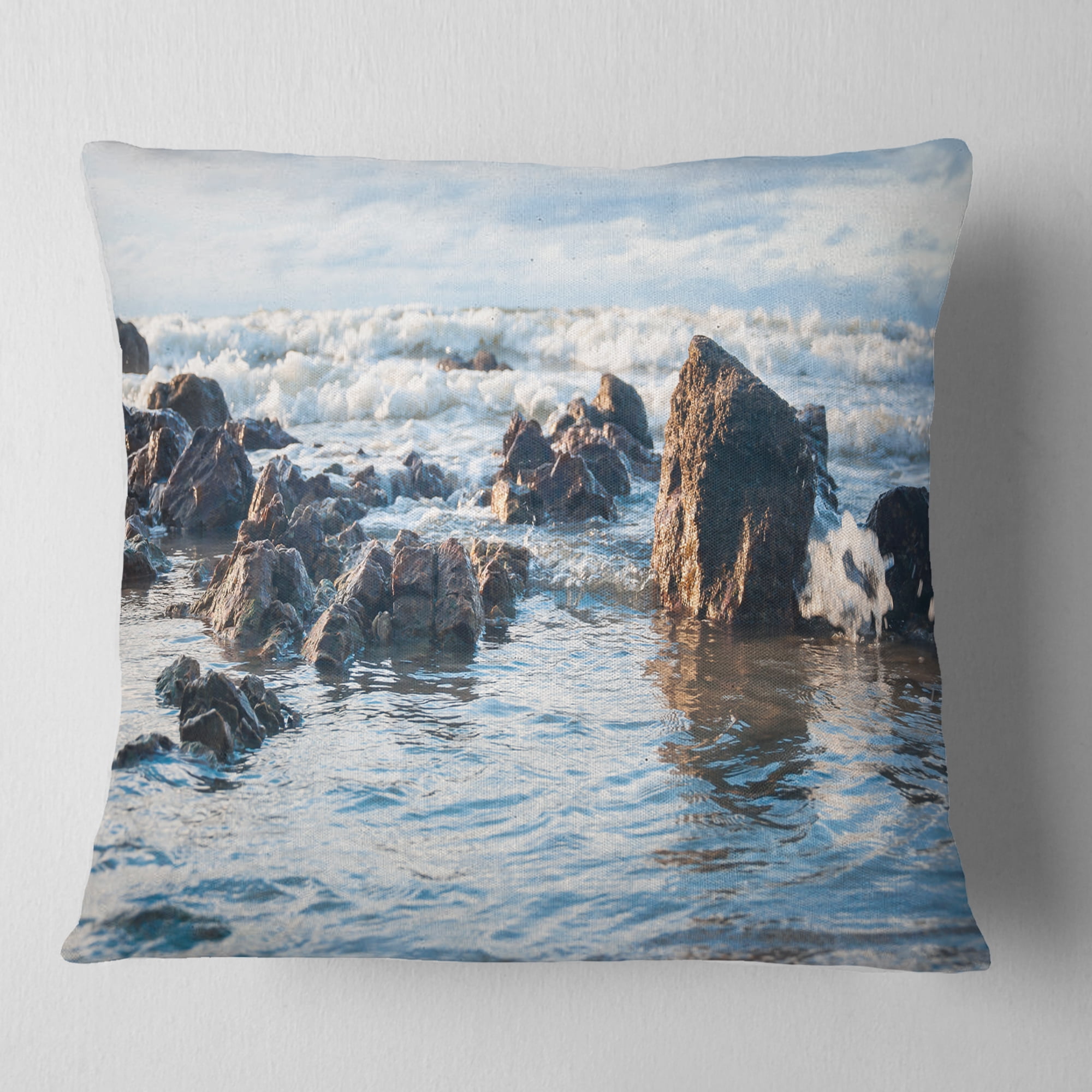 Designart Sea Foam in Empty Rocky Seaside - Seascape Throw Pillow - 18x18