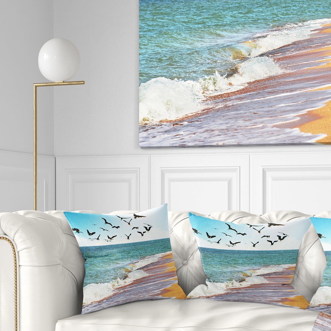 Designart Sea Gulls over the Seashore - Seashore Throw Pillow - 16x16