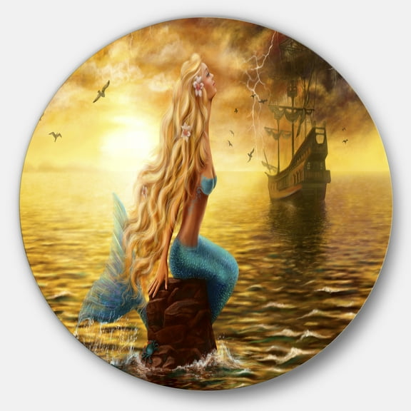 Designart 'Sea Mermaid with Ghost Ship' Seascape Circle Metal Wall Art