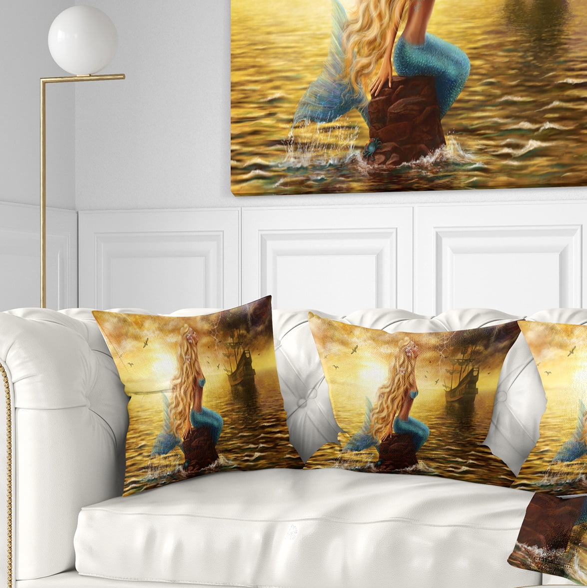 Designart Sea Mermaid with Ghost Ship - Seascape Throw Pillow - 18x18