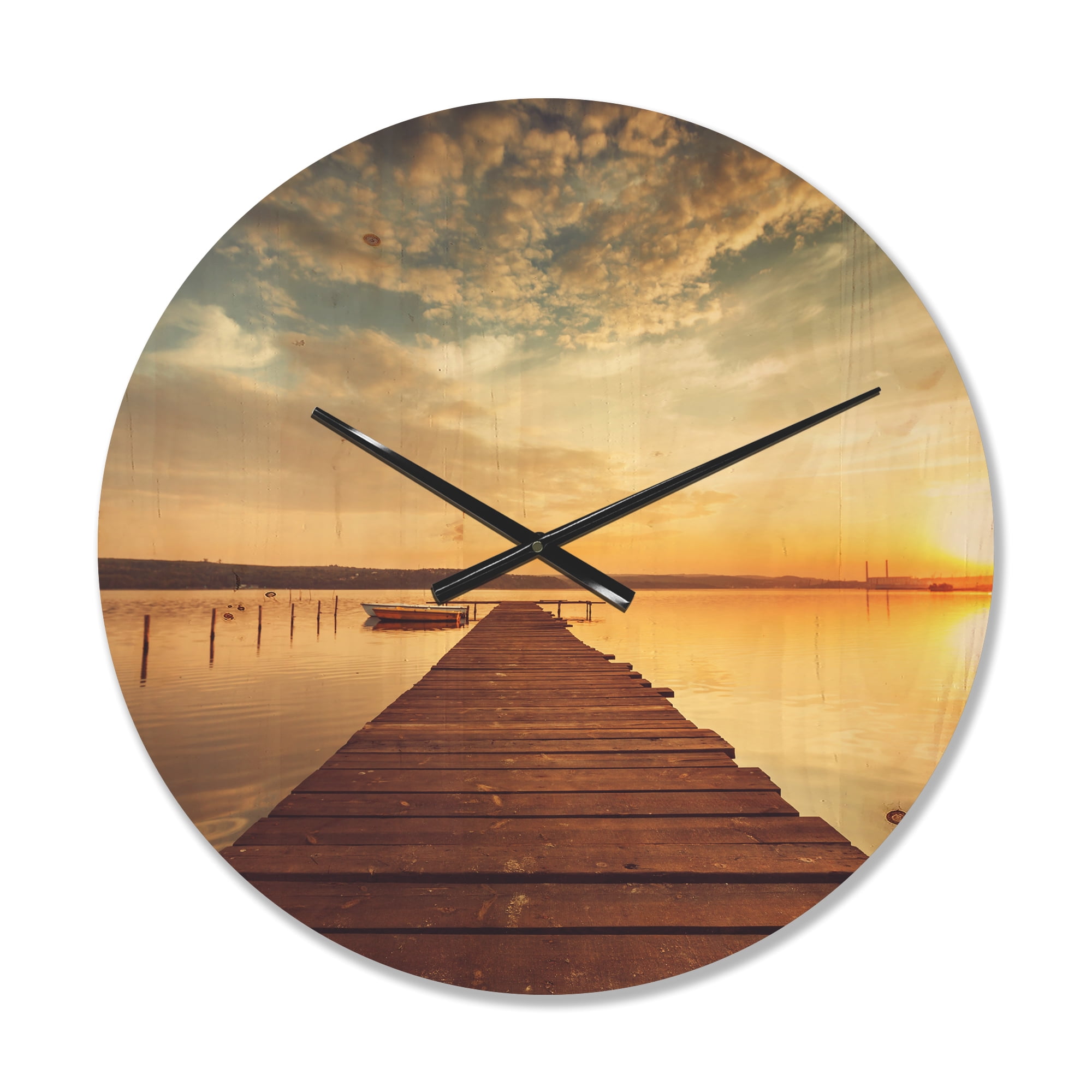 Designart 'Sea Pier under Beautiful Cloudscape Evening Lights' Farmhouse Wood Wall Clock
