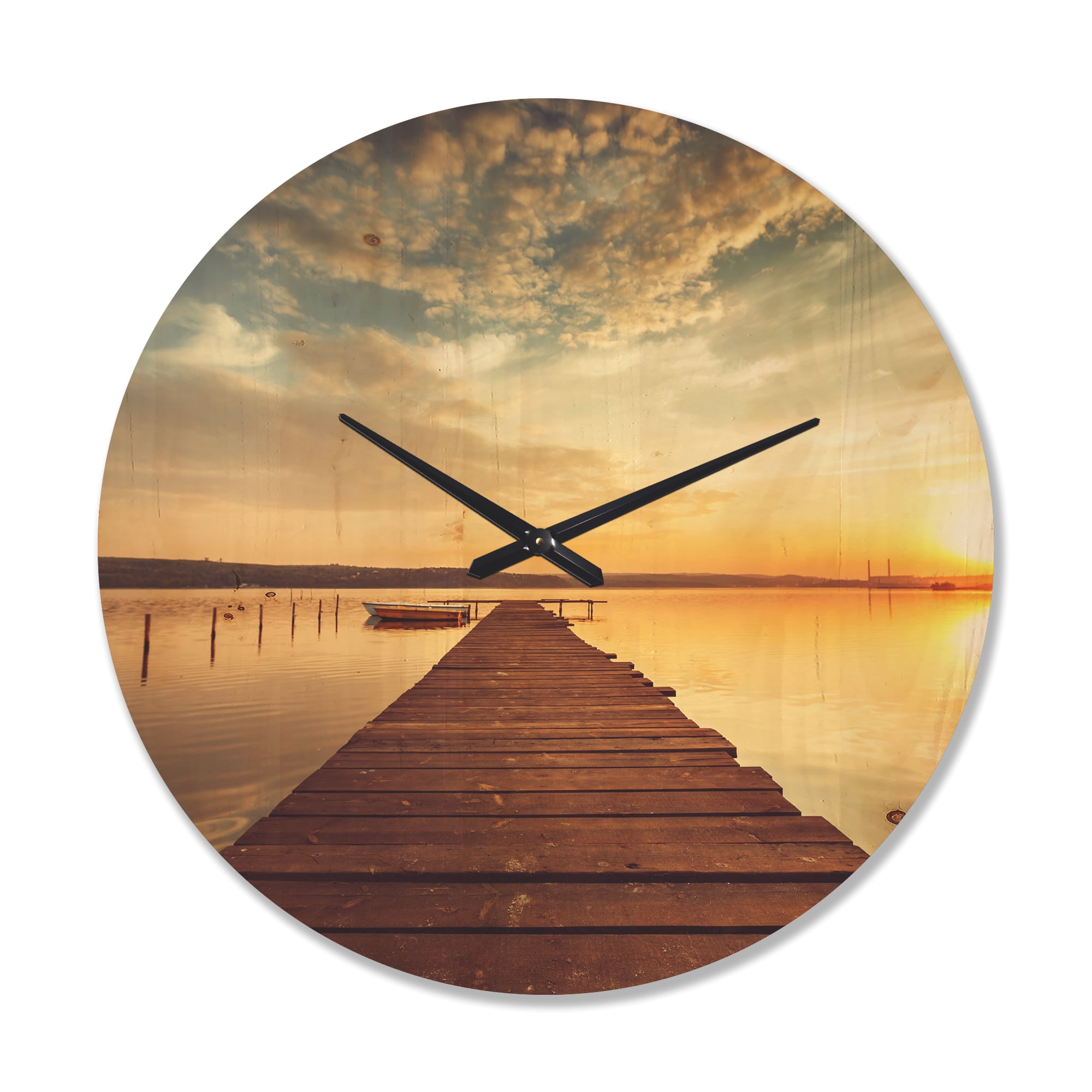 Designart 'Sea Pier under Beautiful Cloudscape Evening Lights' Farmhouse Wood Wall Clock