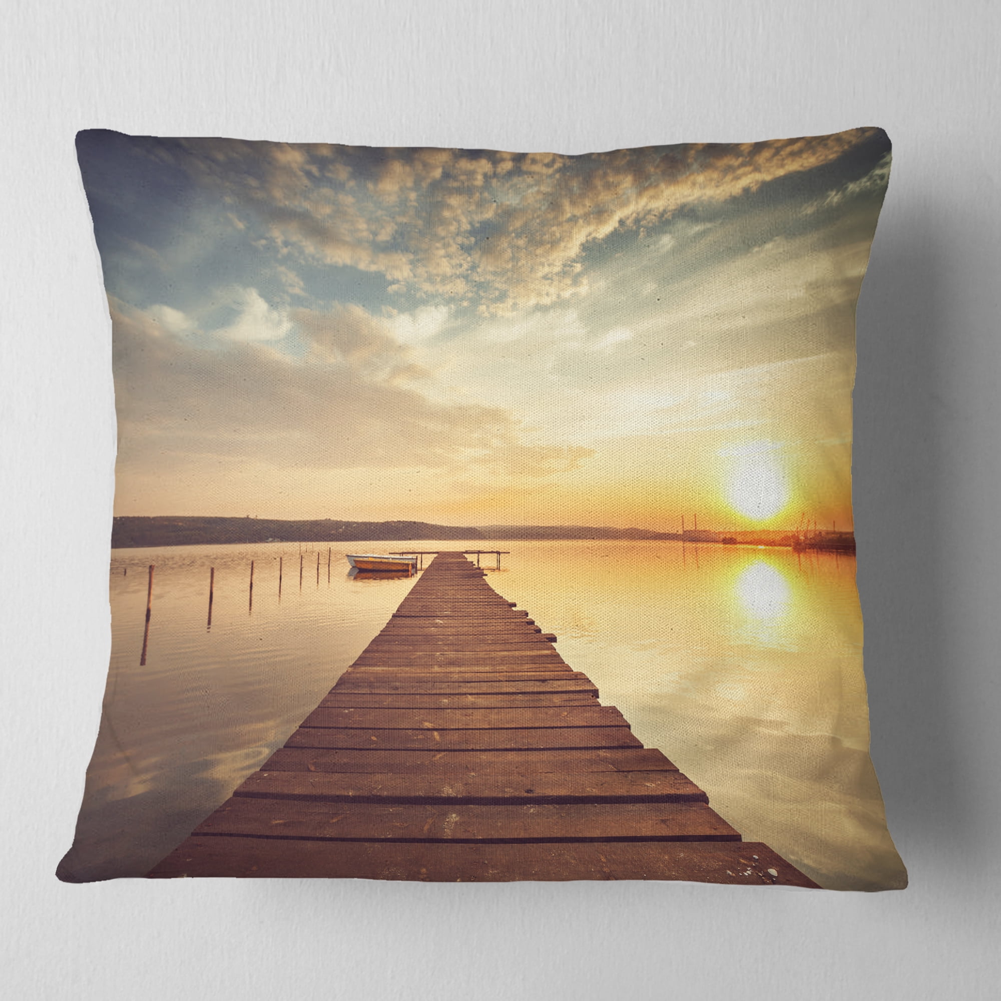 Designart Sea Pier under Beautiful Cloudscape - Modern Throw Pillow - 18x18