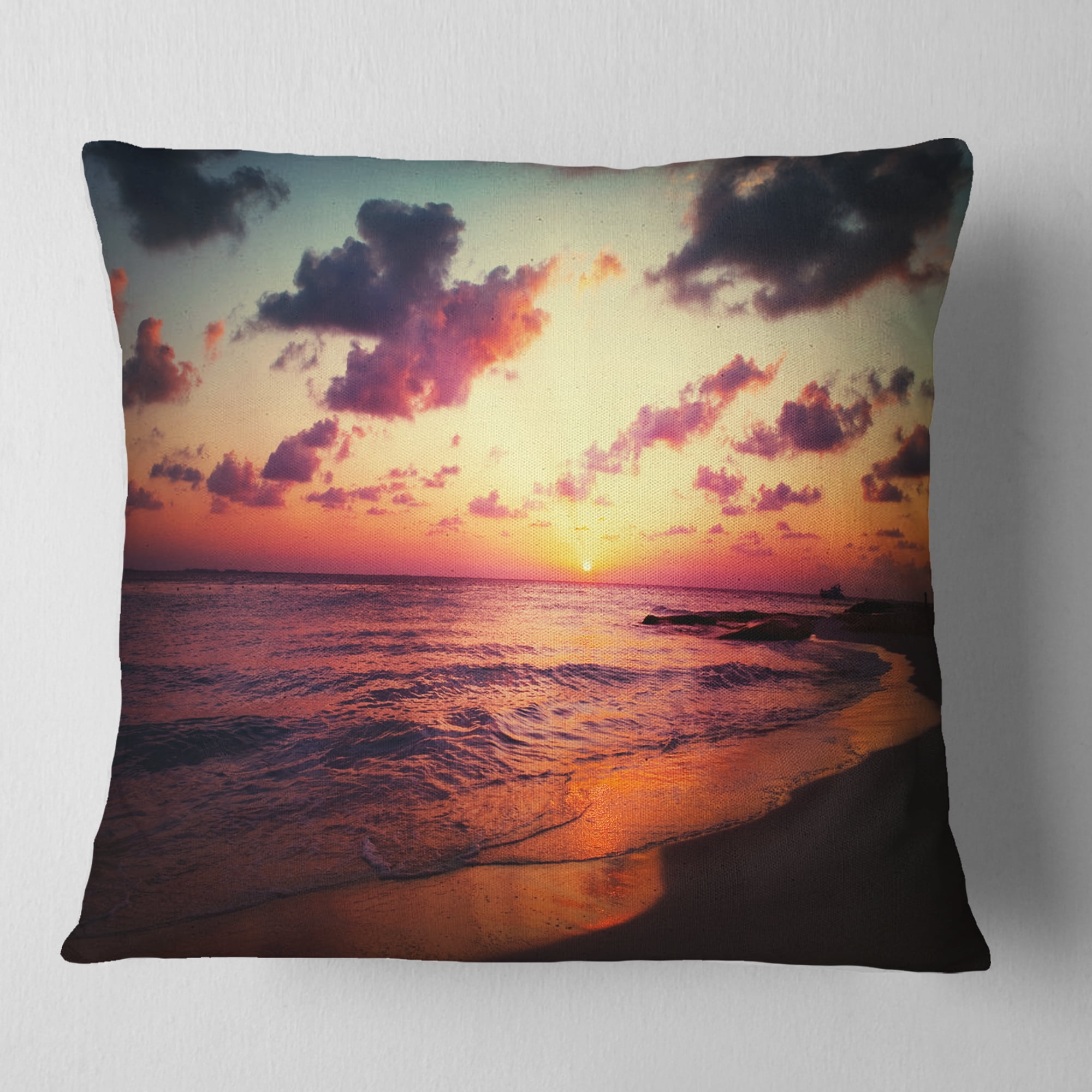 Designart Sea Sunset Landscape View - Seashore Throw Pillow - 16x16