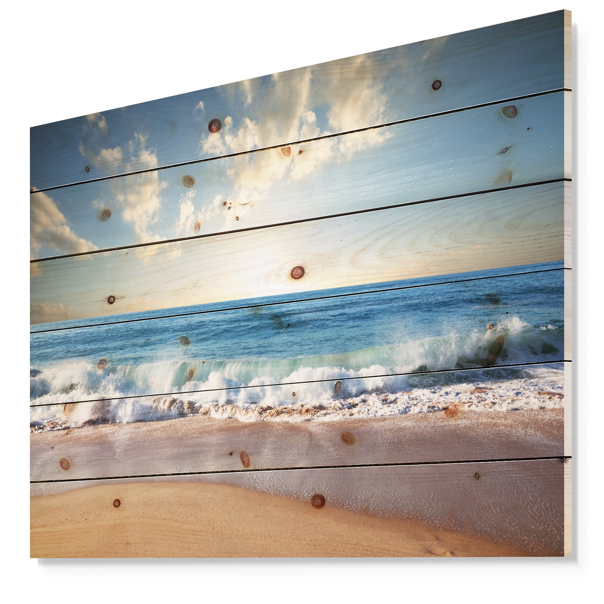 Designart Sea Sunset Sea & Shore Print on Natural Pine Wood Photography, 40" x 30"