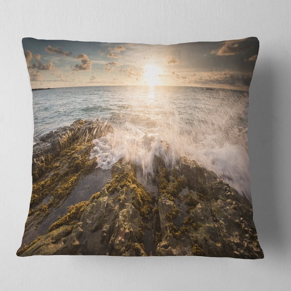Designart Sea Waves Impact on Rocky Shore - Beach Photo Throw Pillow - 18x18