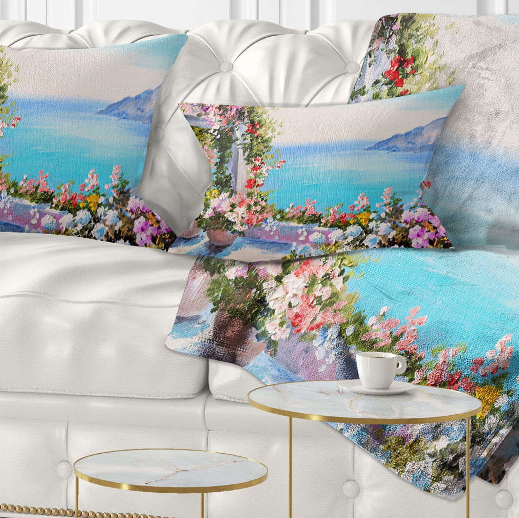 Designart Sea and Flowers - Landscape Printed Throw Pillow - 12x20