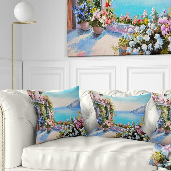Designart Sea and Flowers - Landscape Printed Throw Pillow - 16x16