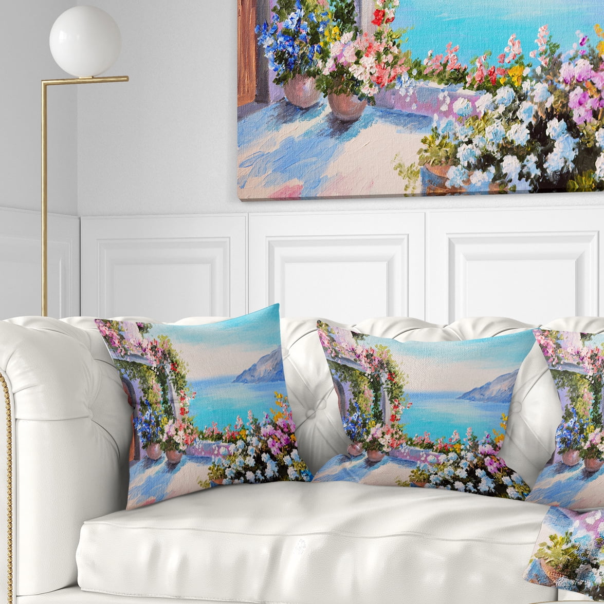 Designart Sea and Flowers - Landscape Printed Throw Pillow - 18x18