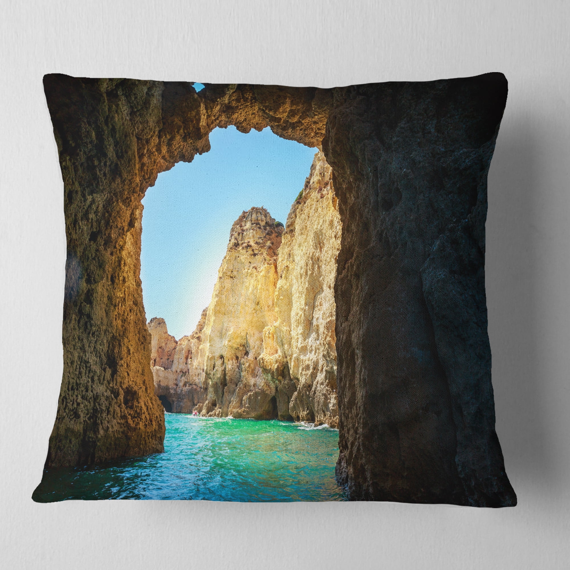 Designart Sea through Rocky Cave Portugal - Seashore Throw Pillow - 18x18