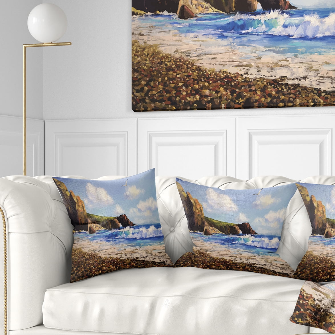 Designart Sea with Seagull - Landscape Printed Throw Pillow - 16x16