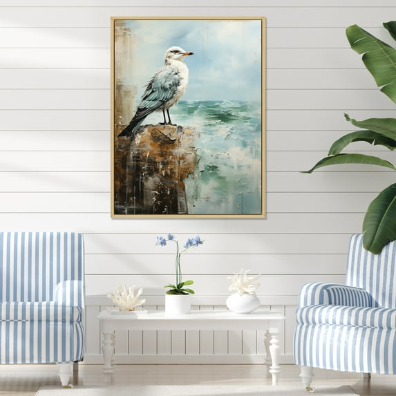 Designart "Seabirds by the Coast" Nautical & Beach Floater Framed Canvas Wall Art