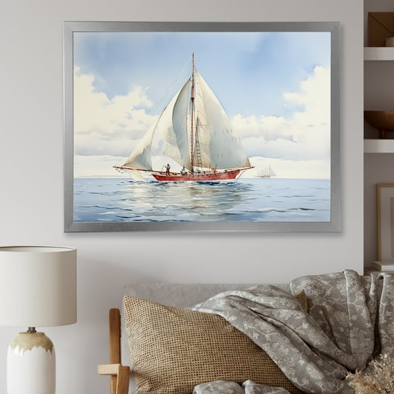 Designart "Seafaring Serenade Symphony of Sailboats" Transportation Framed Wall Art Decor - Modern White Boat Sailing Hallway Framed Wall Art Decor