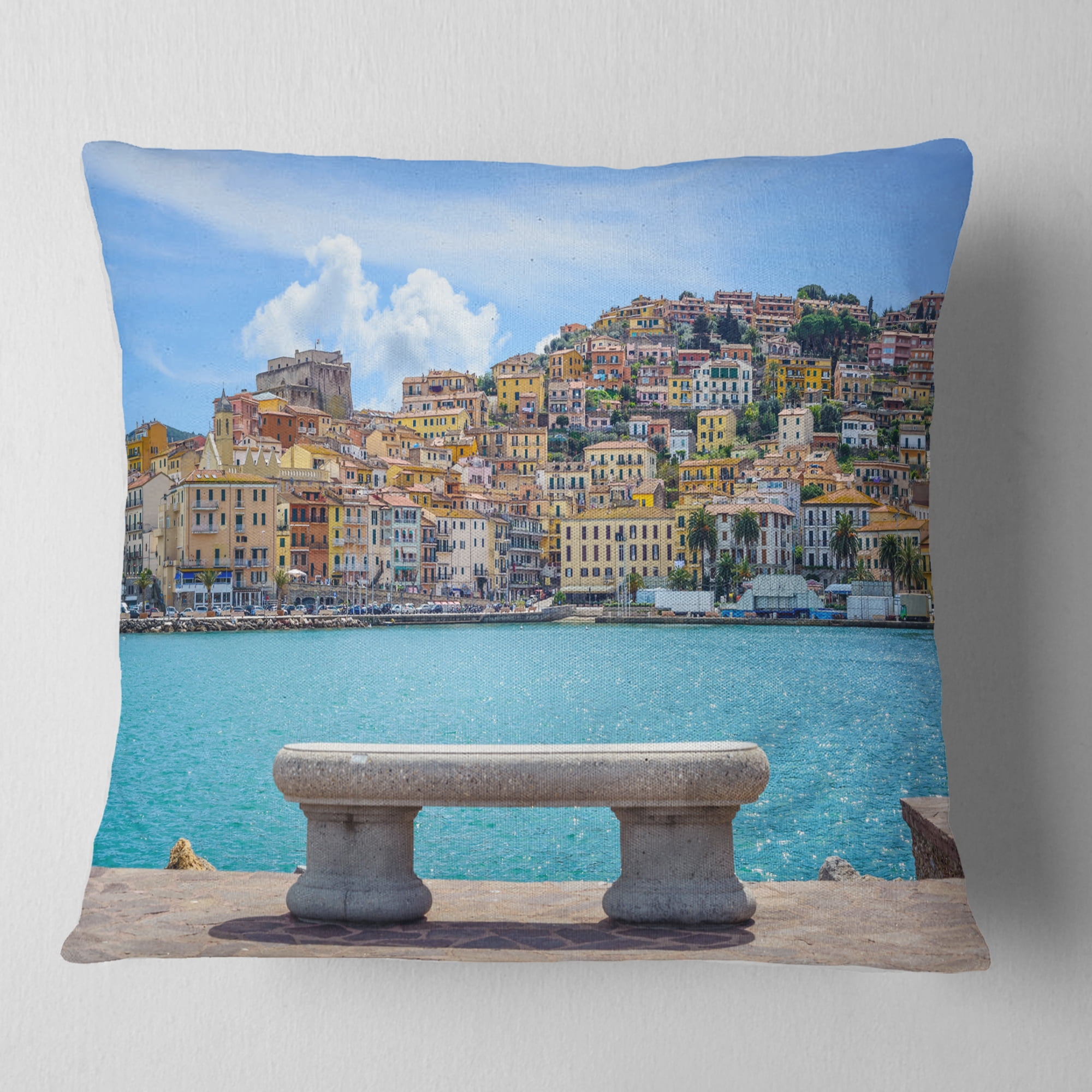Designart Seafront Bench in Port Santo Stefano - Seashore Throw Pillow - 18x18