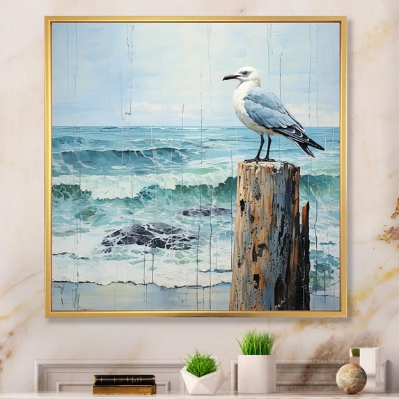 Designart "Seagull Seagull silence Pointillism I" Animals Floater Framed Wall Art Living Room