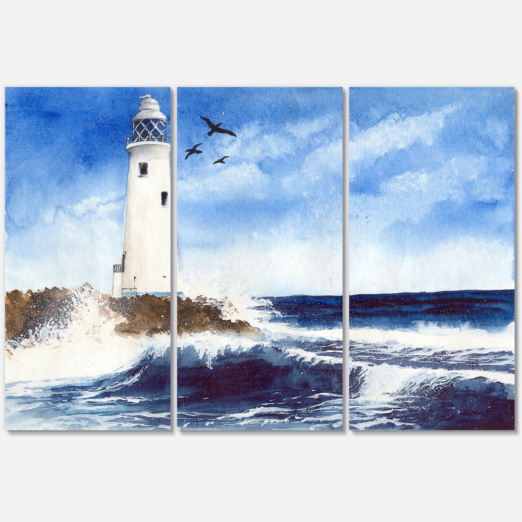 Designart ' Seagulls With Lighthouse On The Rocky Island ' Nautical & Coastal Canvas Wall Art Print