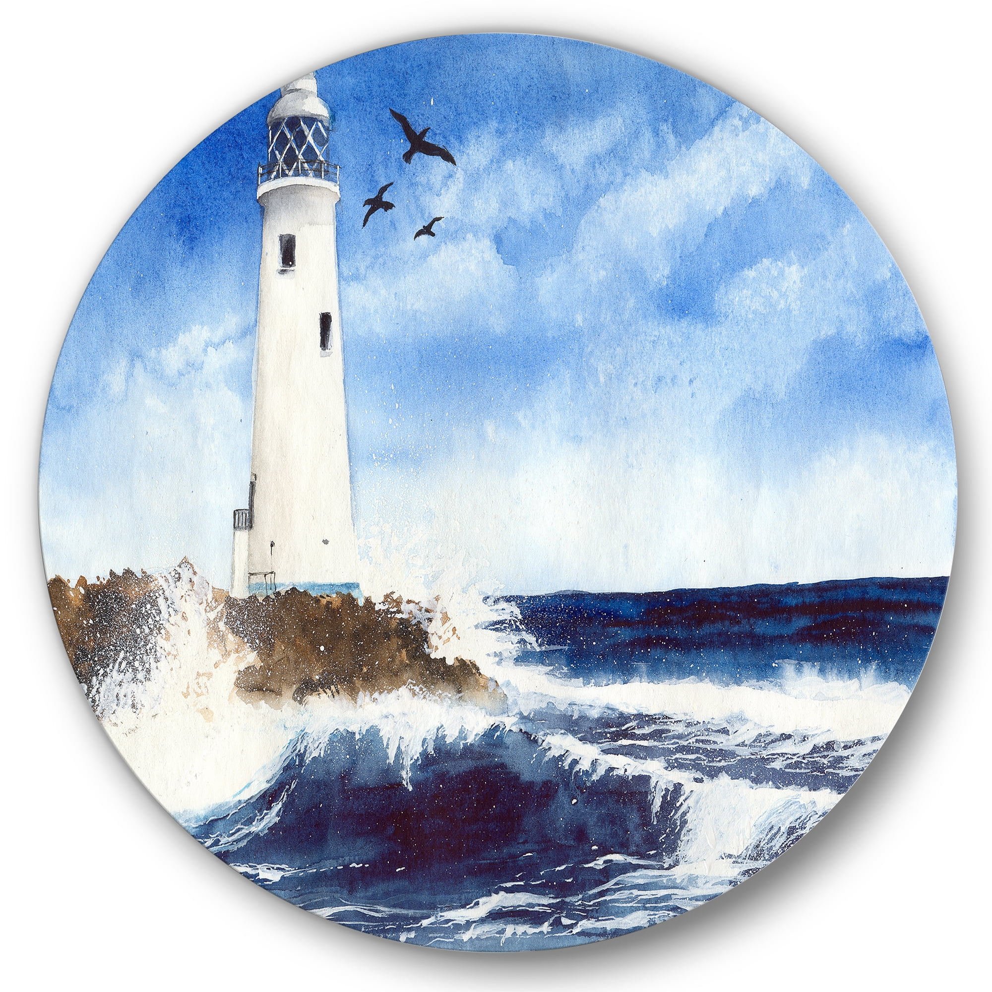 Designart 'Seagulls With Lighthouse On The Rocky Island' Nautical & Coastal Circle Metal Wall Art 29x29 - Disc of 29