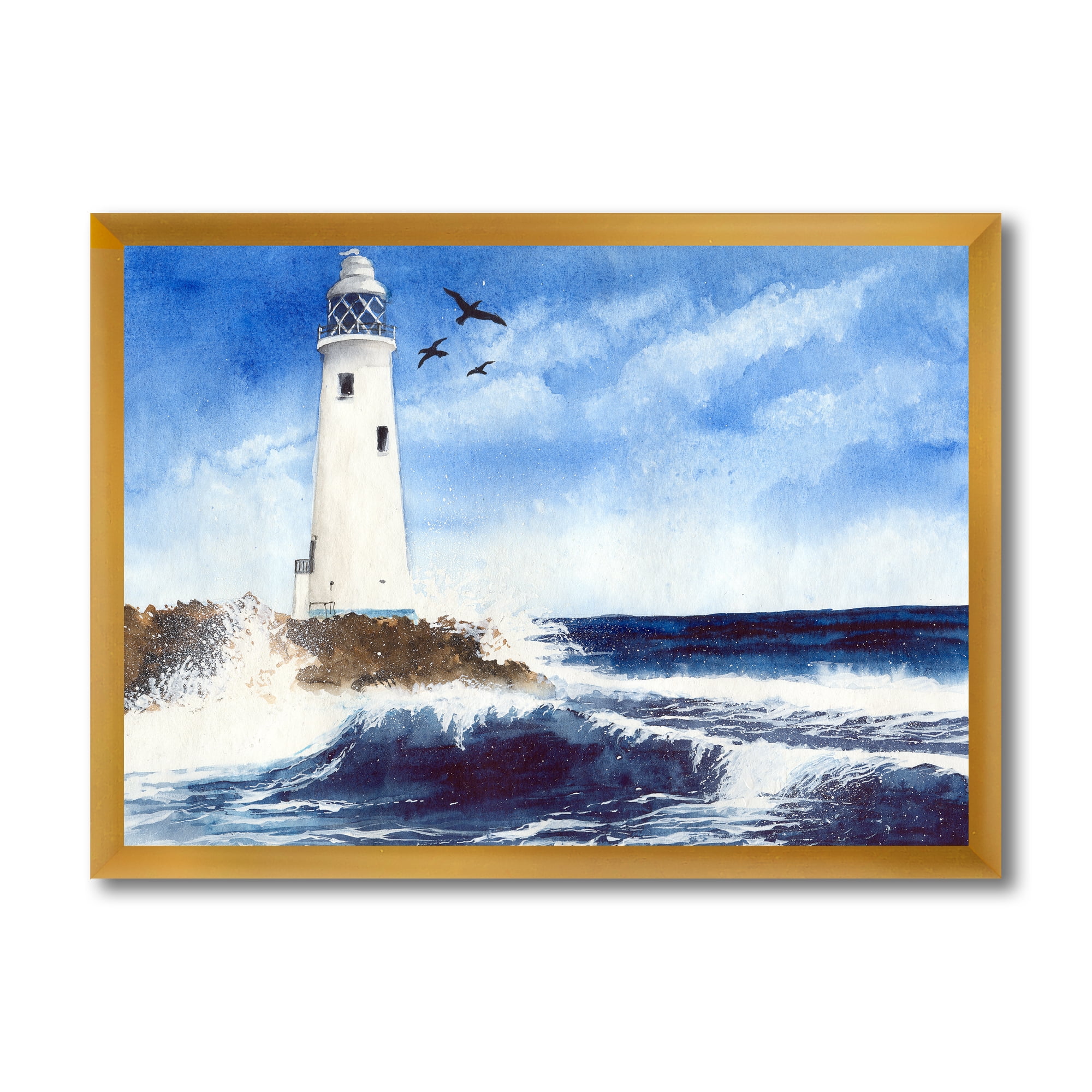 Designart 'Seagulls With Lighthouse On The Rocky Island' Nautical & Coastal Framed Art Print