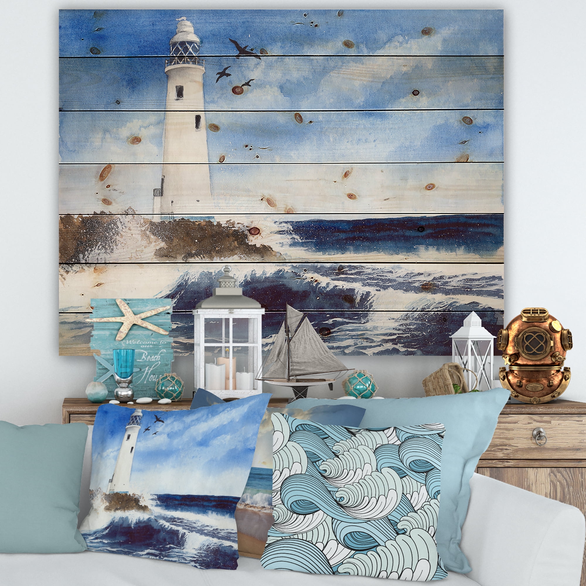 Designart 'Seagulls With Lighthouse On The Rocky Island' Nautical & Coastal Print on Natural Pine Wood