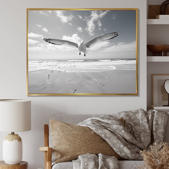 Designart "Seagulls in Flight Grey Beach Soar I" Animals Floater Framed Wall Decor