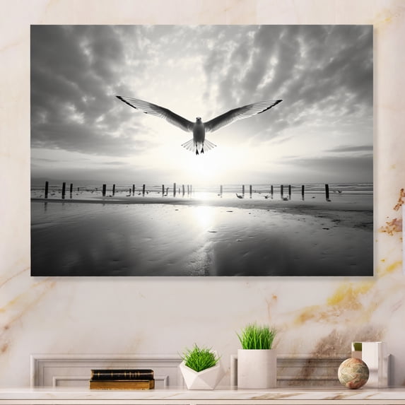 Designart "Seagulls in Flight Grey Beach Soar III" Animals Metal Art Print