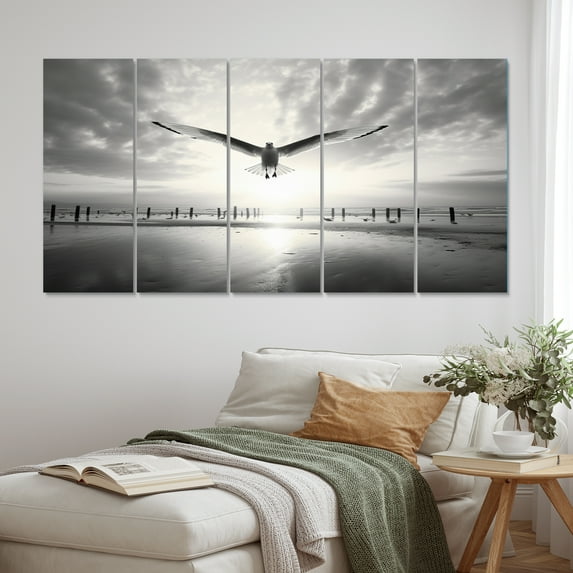 Designart "Seagulls in Flight Grey Beach Soar III" Animals Metal Wall Art Set