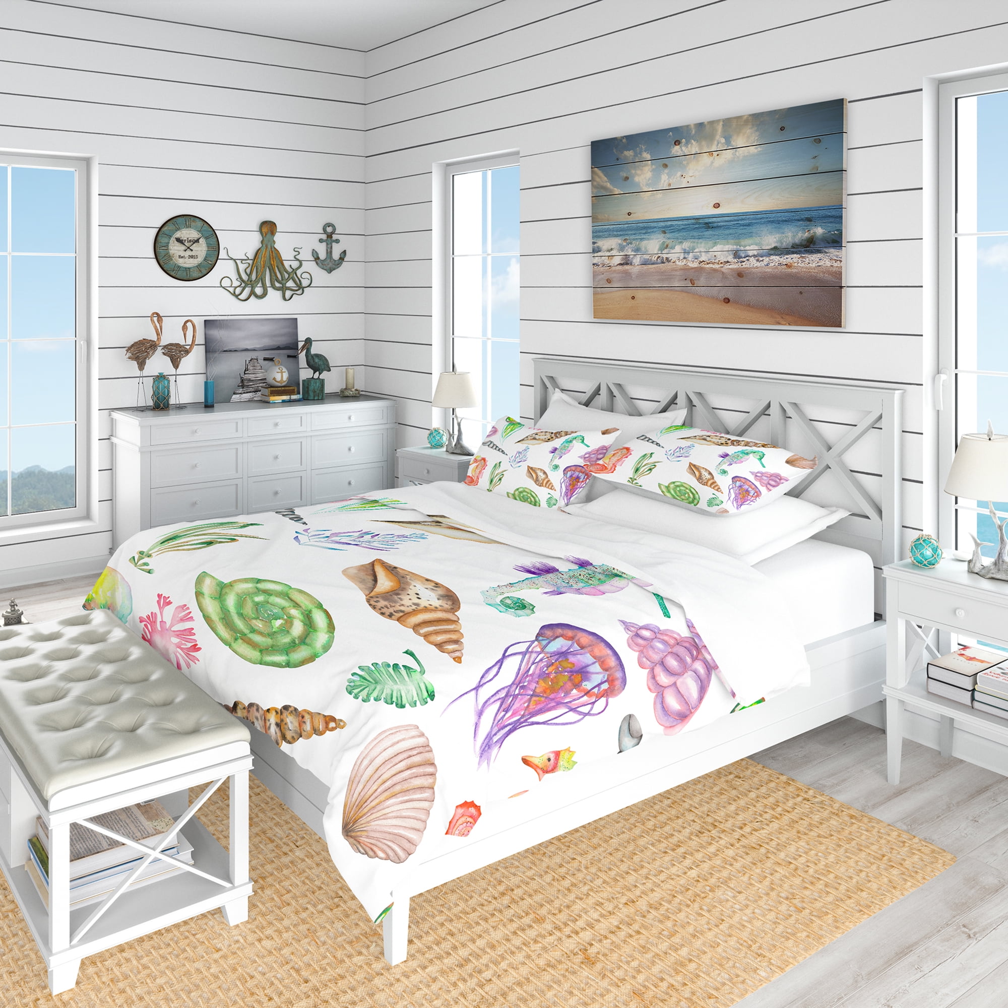 Designart 'Seahorses Jellyfish Shells & Seaweed' Nautical & Coastal Duvet Cover Set