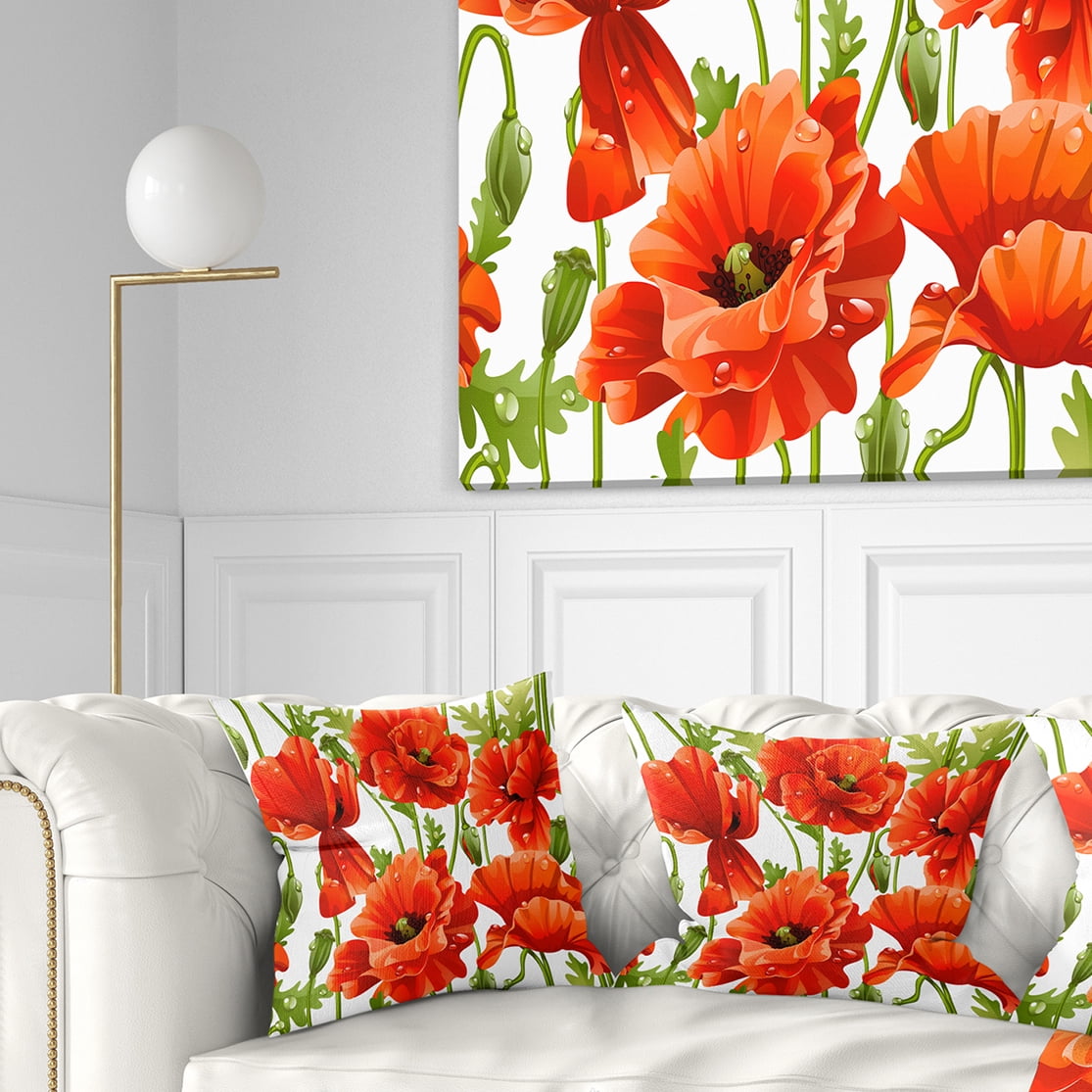 Designart Seamless Pattern of Red Poppies - Floral Throw Pillow - 18x18