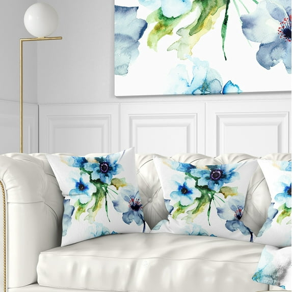 Designart Seamless Summer Blue Flowers - Floral Throw Pillow - 18x18