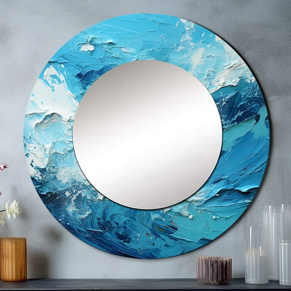 Designart "Seascape in Cerulean III" Abstract Landscape Rund Mirror For Wall Decor - Large Teal Round Printed Mirror - Coastal Round Mirror 23" x 23" Inch