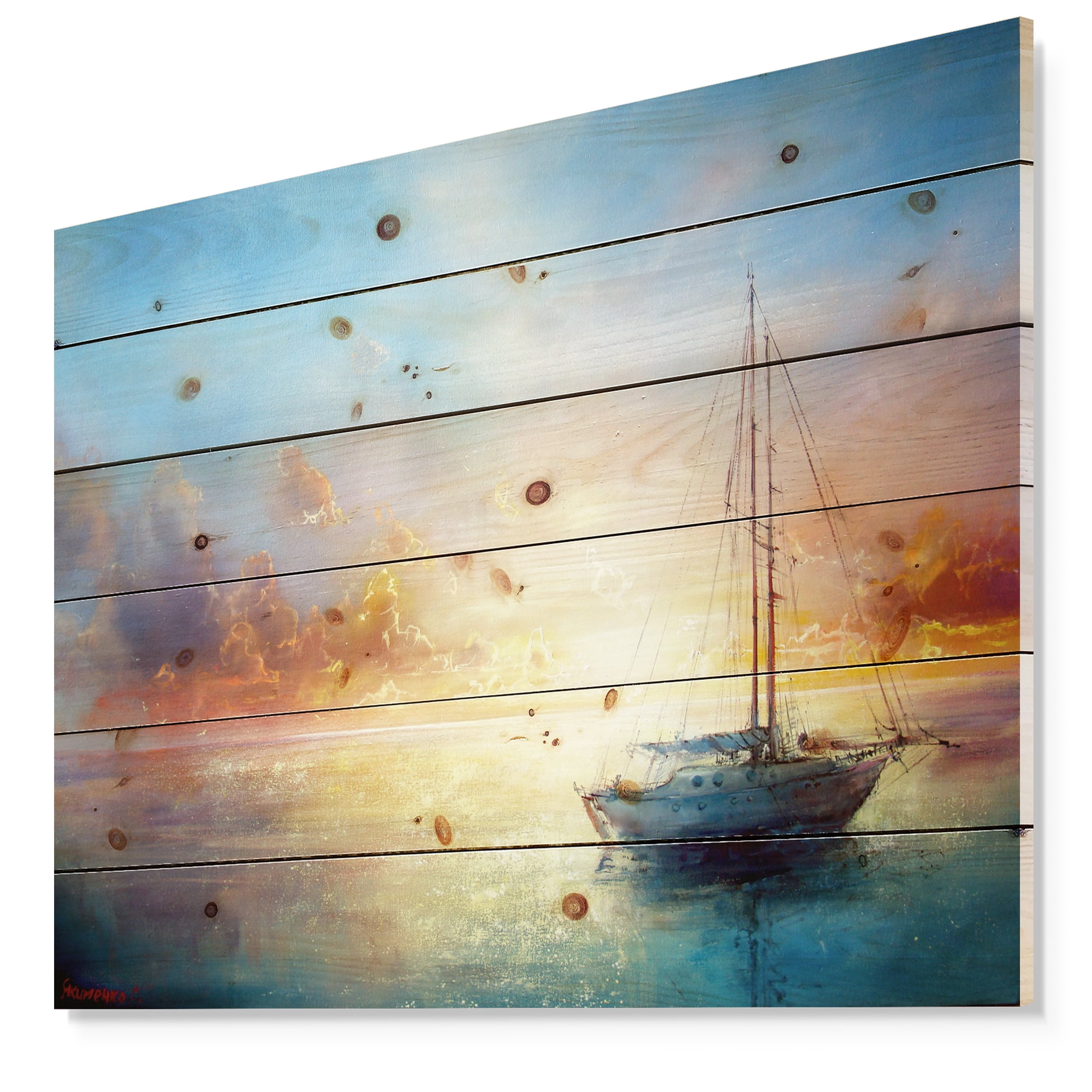 Designart 'Seascape Pier' Seascape Print on Natural Pine Wood
