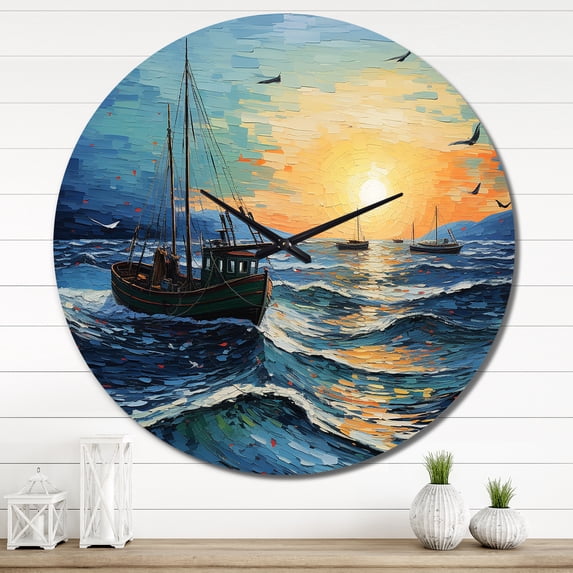 Designart "Seascape with Fishing Inspired by Van Gogh III" Vangogh Oversized Wall Clock