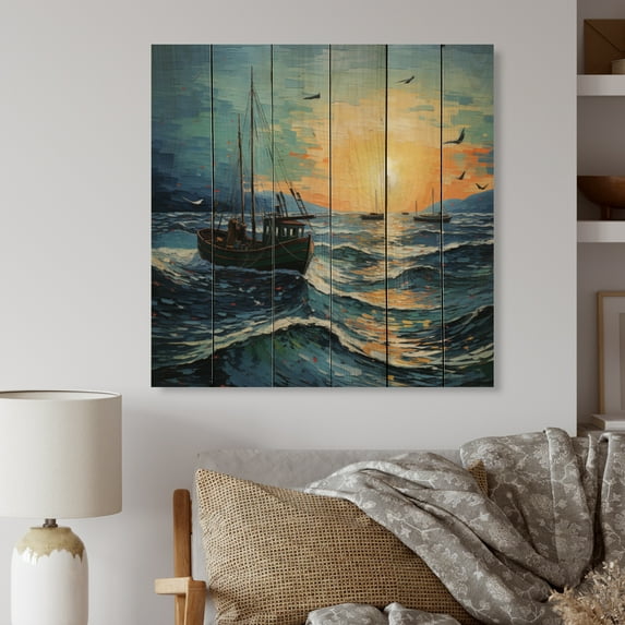 Designart "Seascape with Fishing Inspired by Van Gogh III" Vangogh Print on Natural Pine Wood