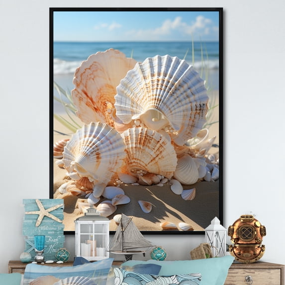 Designart "Seashell Beauty Beach Photo II" Animals Floater Framed Wall Decor