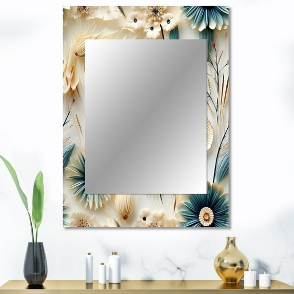 Designart "Seashell Coastal Serenity I" Floral Wall Mirror, Printed Blue Wall Mirror, Traditional Bathroom Wall Mirror, Decorative Floral Mirror - 30x40 Inch