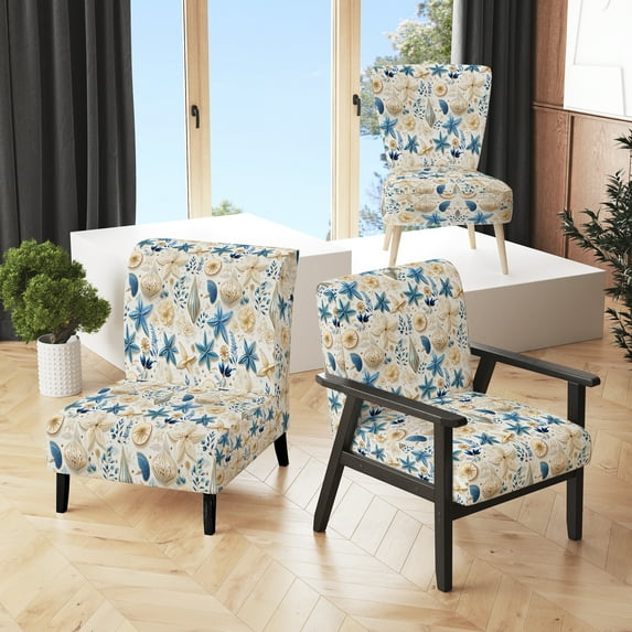 Designart "Seashell Coastal Serenity II" Blue Floral Upholstered Accent Chair - Cottage Arm Chair For Bedroom