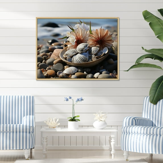 Designart "Seashell Sonata Beach Photo III" Nautical & Beach Floater Framed Wall Decor