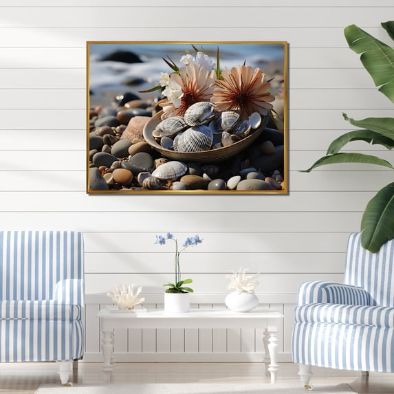 Designart "Seashell Sonata Beach Photo III" Nautical & Beach Floater Framed Wall Decor