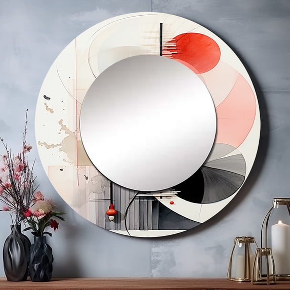Designart "Seashell Sumi Asian Painting I" Asian Rund Mirror For Wall Decor - Large Coral Round Printed Mirror -Global Round Living Room Mirror - 23" x 23"