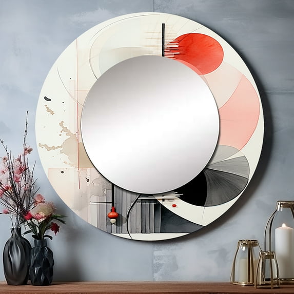 Designart "Seashell Sumi Asian Painting I" Asian Rund Mirror For Wall Decor - Large Coral Round Printed Mirror -Global Round Living Room Mirror - 29" x 29"