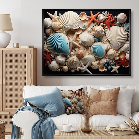Designart "Seashell composition" Animals Floater Framed Canvas Wall Art