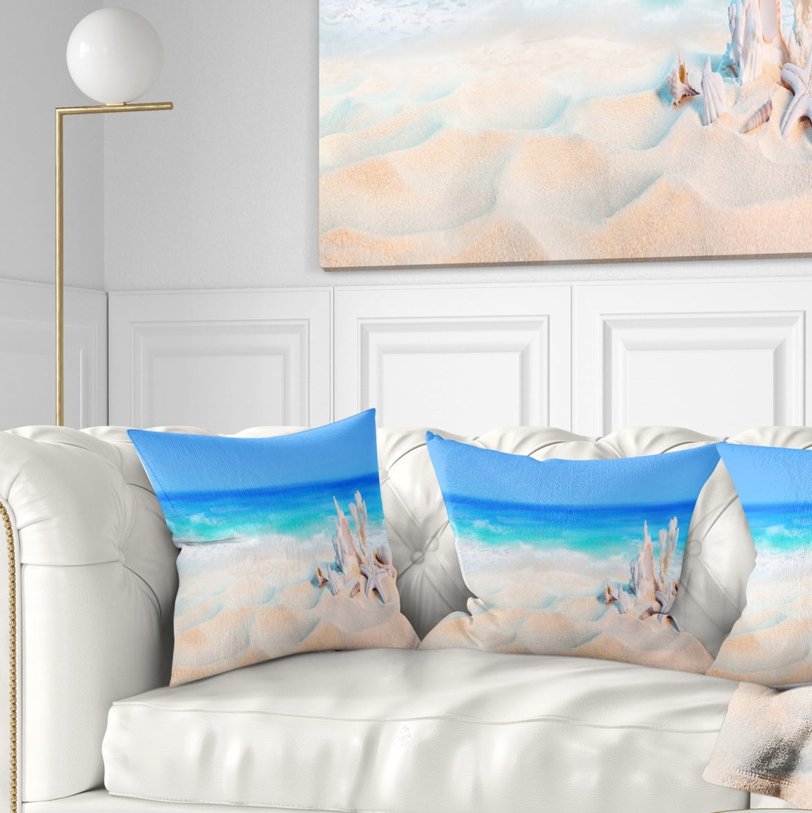 Designart Seashells on Seashore - Beach Photography Throw Pillow - 18x18