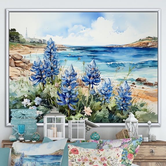 Designart "Seashore Blue Bonnets I" Blue Bonnets Floater Framed Canvas Prints