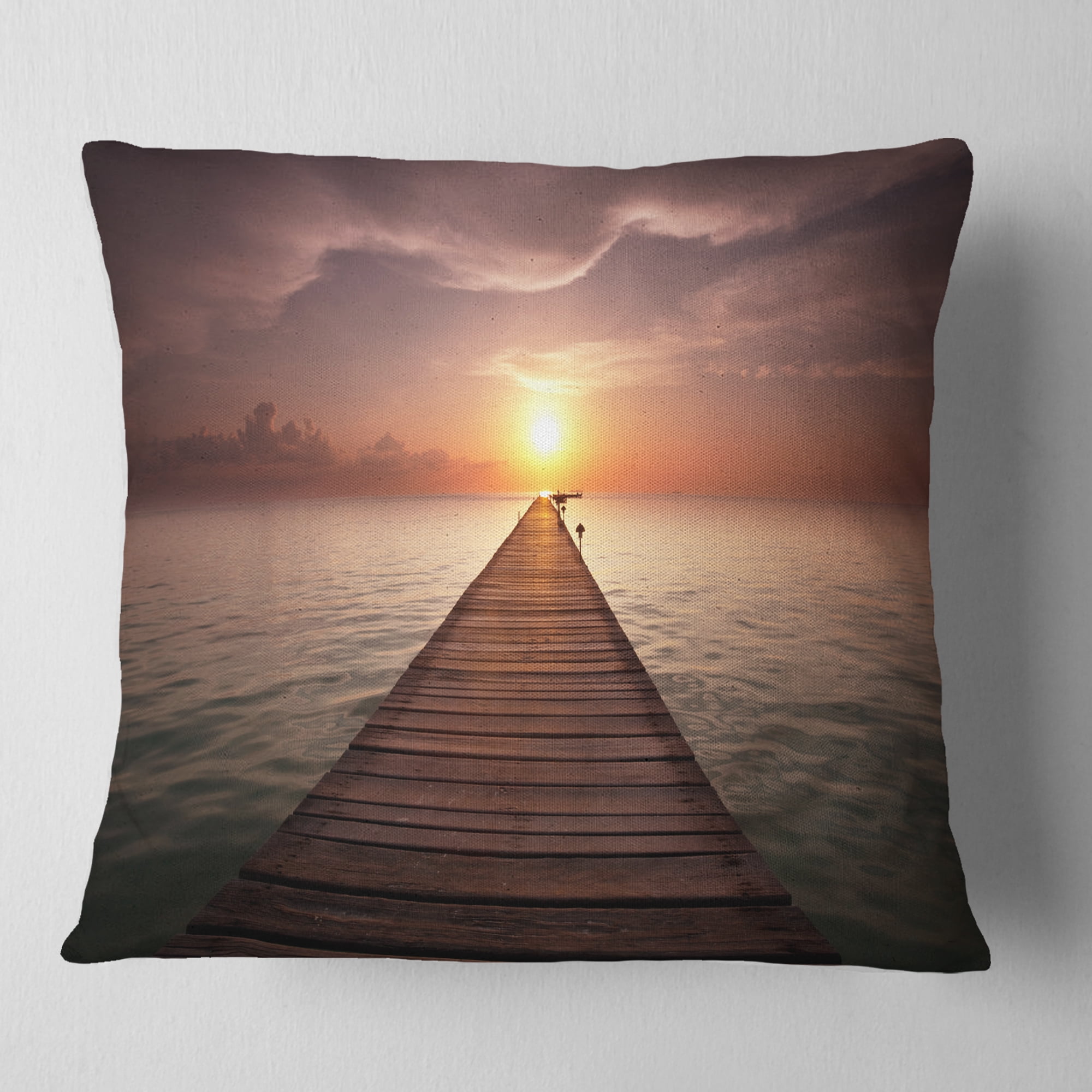 Designart Seashore Boardwalk into the Sun - Seashore Throw Pillow - 18x18